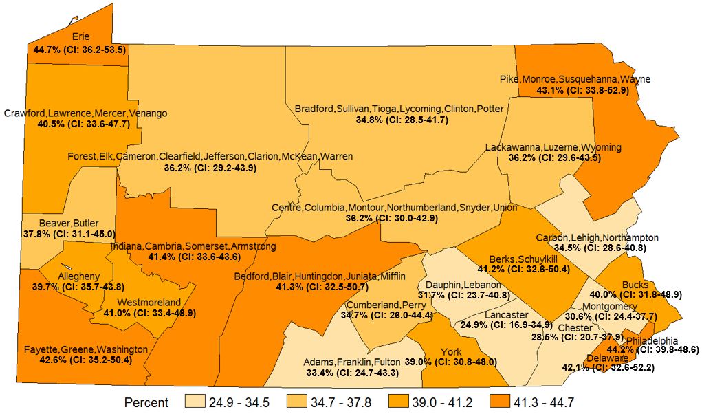 Average 6 or Fewer Hours of Sleep in a 24-Hour Period, Pennsylvania Health Districts 2016
